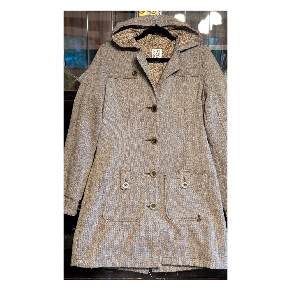 Roxy Womens L Wool Blend Hooded Coat Brown Tweed Herringbone Y2K Jacket